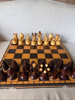 Vintage Hand-Carved Wooden Chess Set in Brown and Cream
